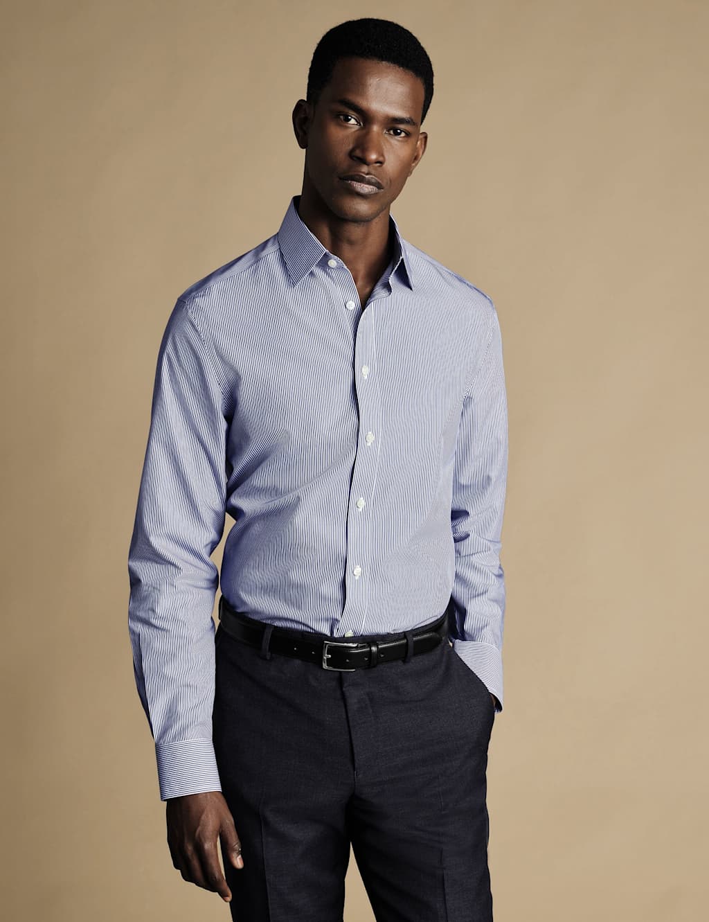 Charles Tyrwhitt Slim Fit Non Iron Pure Cotton Striped Shirt Navy Mix