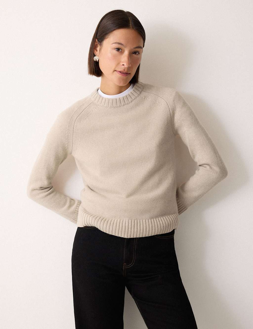 Jigsaw Wool Rich Saddle Crew Neck Jumper Cream
