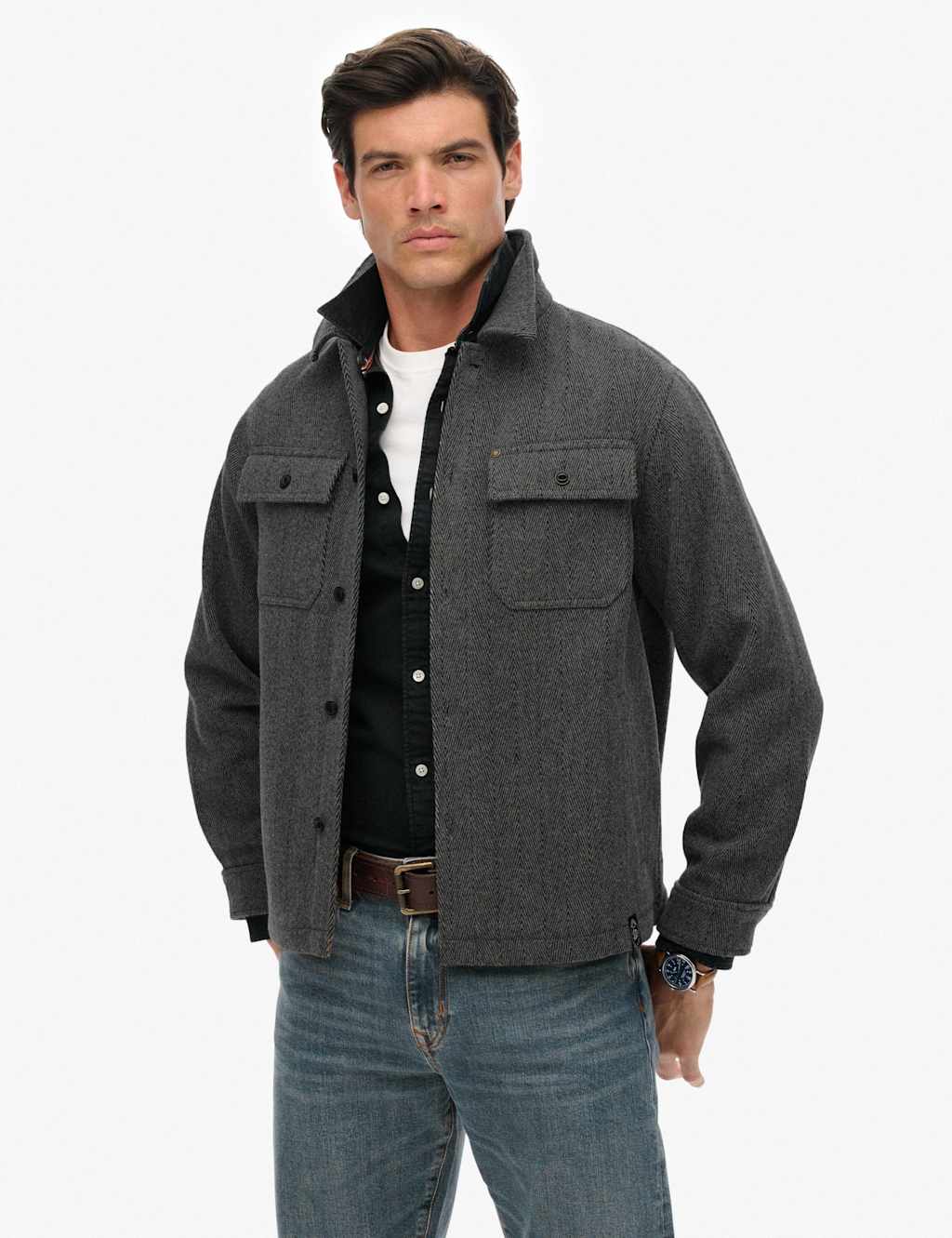 Superdry & Co Wool Blend Herringbone Overshirt Light Grey