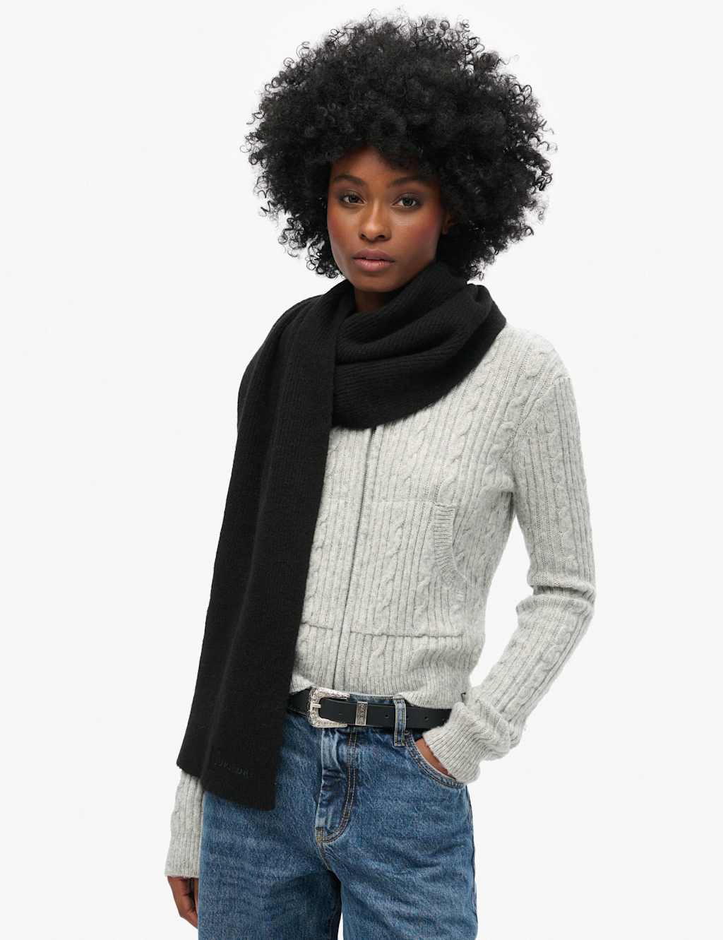 Superdry & Co Ribbed Knit Scarf with Wool Black