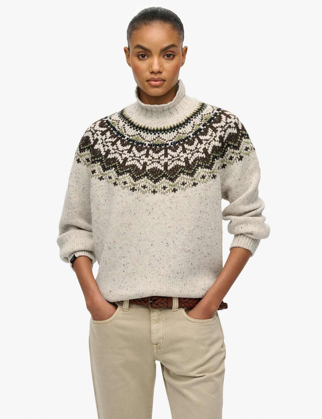 Superdry & Co Fair Isle Funnel Neck Oversized Jumper White