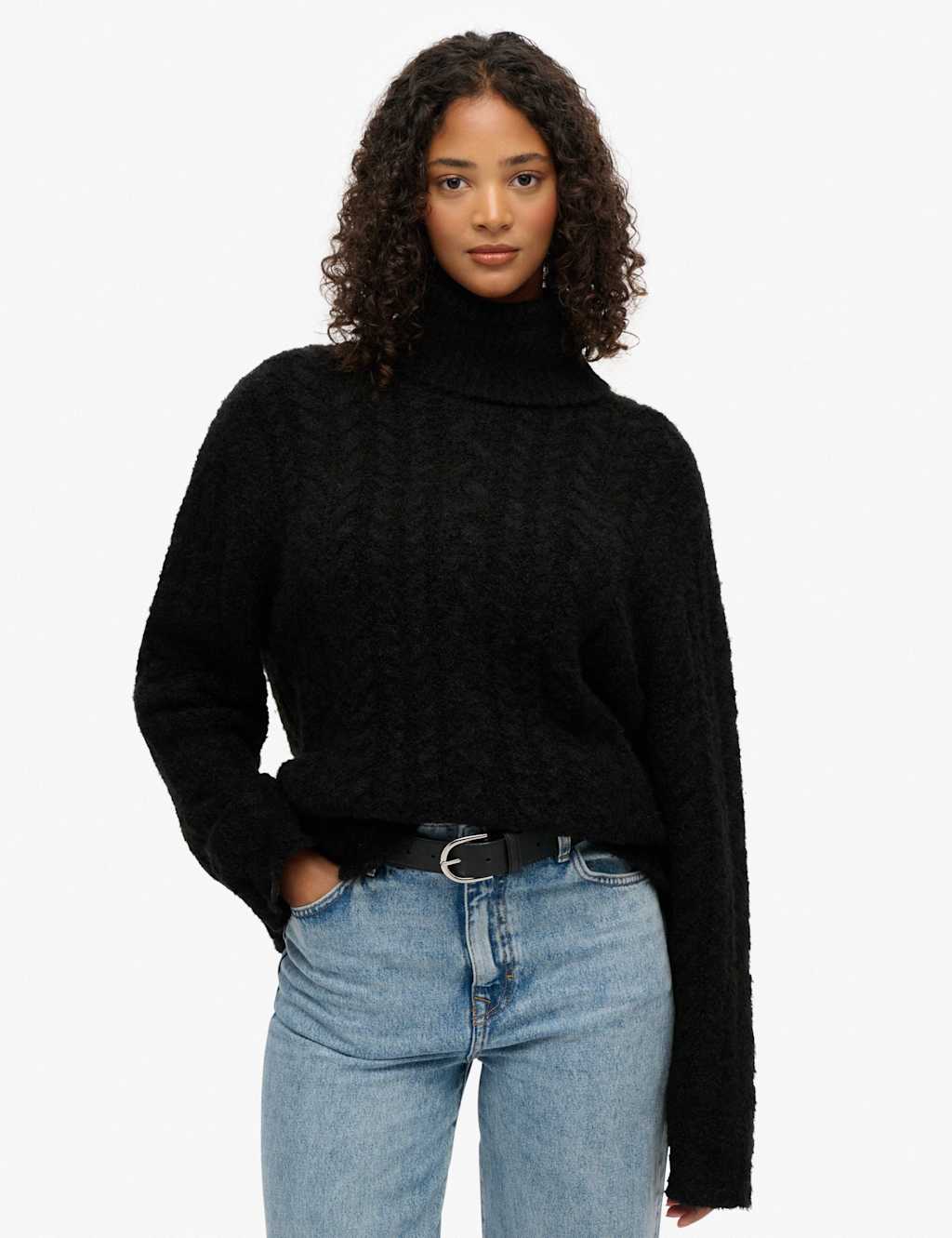 Superdry & Co Cable Knit Roll Neck Relaxed Jumper Black