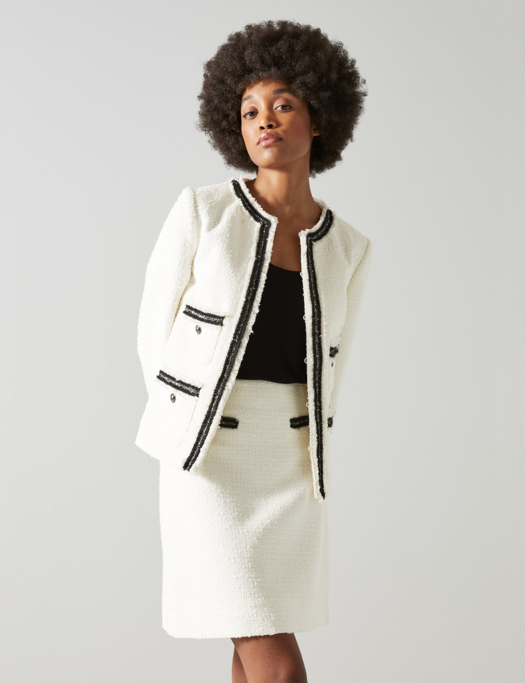 LK BENNETT Tweed Textured Collarless Jacket Cream