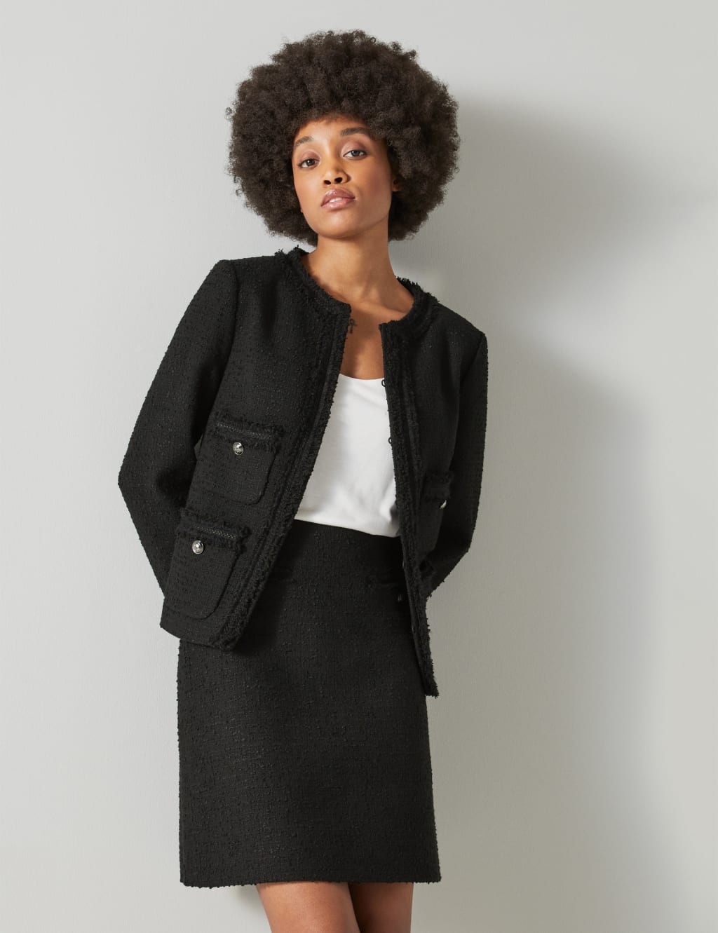 LK BENNETT Tweed Textured Collarless Jacket Black Mix