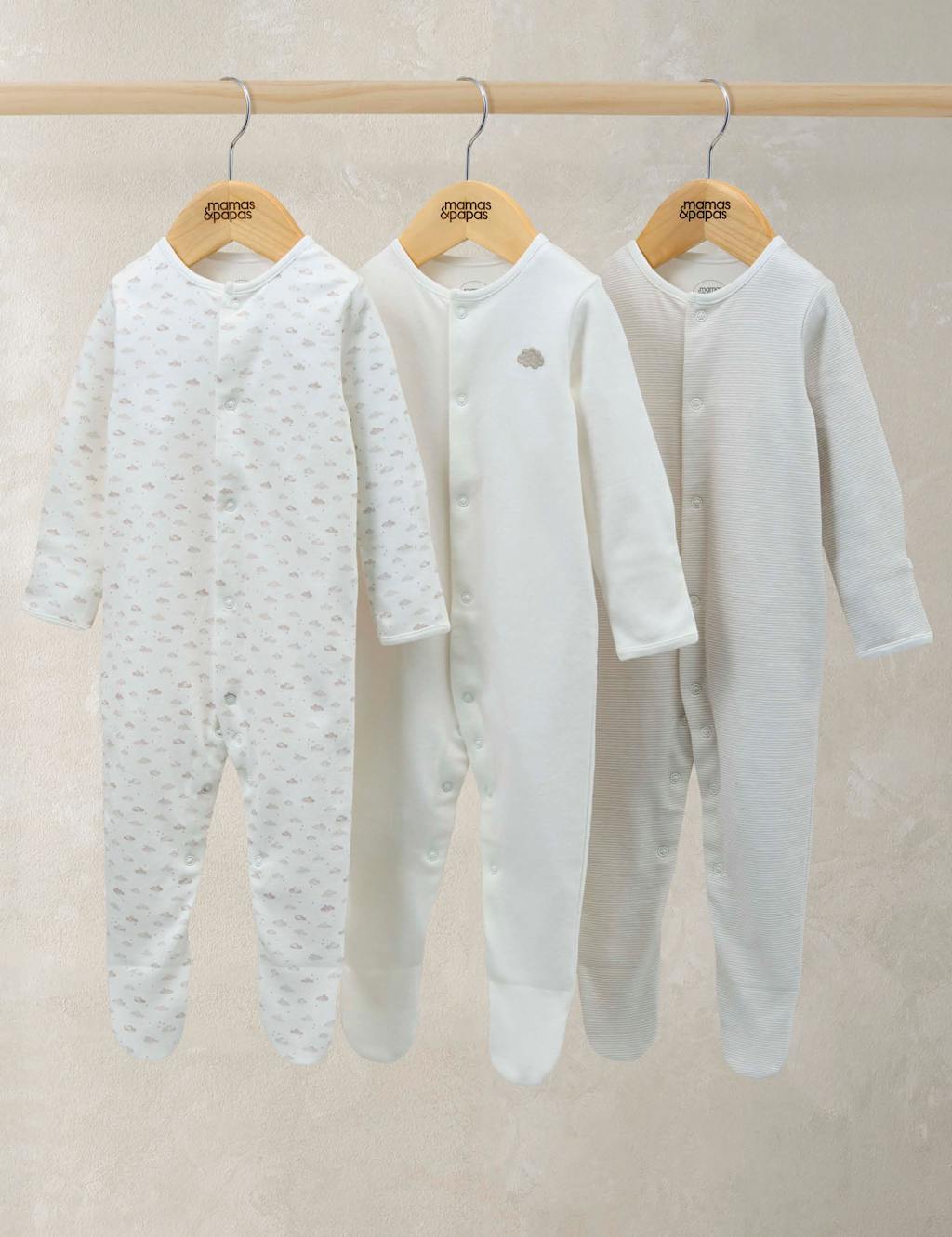 Mamas & Papas 3pk Pure Cotton Cloud Sleepsuits (0-24 Mths) Multi