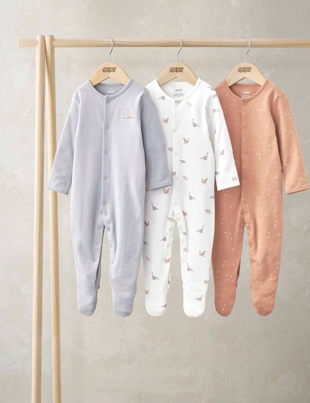 Mamas & Papas 3pk Pure Cotton Dinosaur Sleepsuits (0-24 Mths) Multi