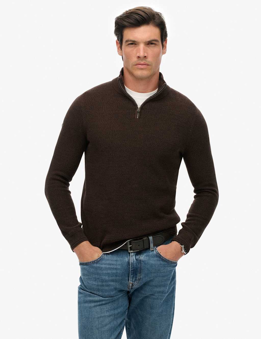 Superdry & Co Pure Cotton Textured Half Zip Jumper Brown
