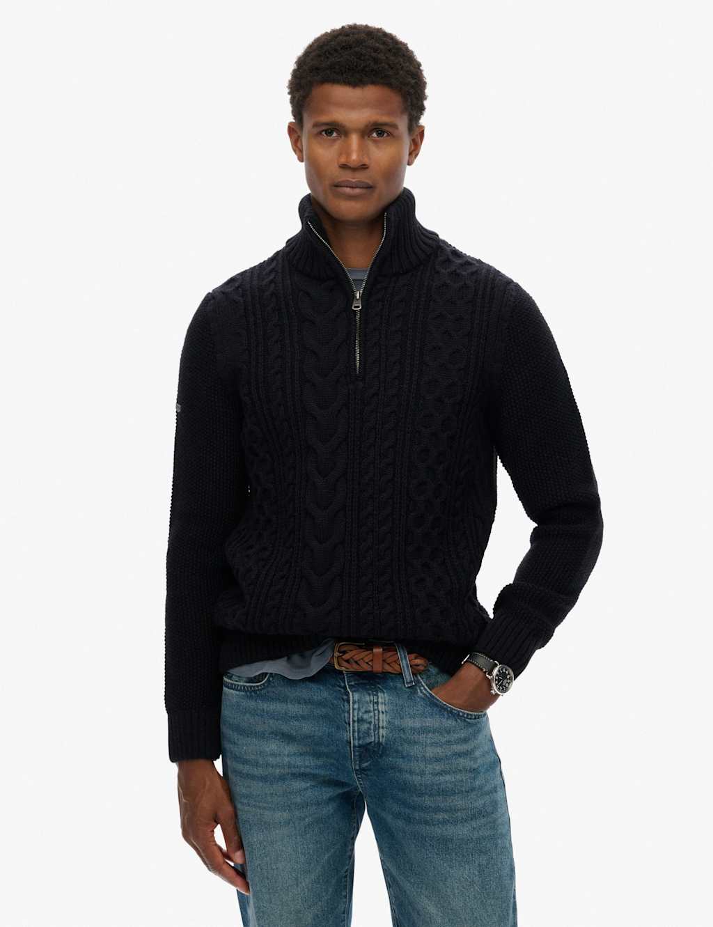 Superdry & Co Wool Blend Cable Knit Half Zip Jumper Navy