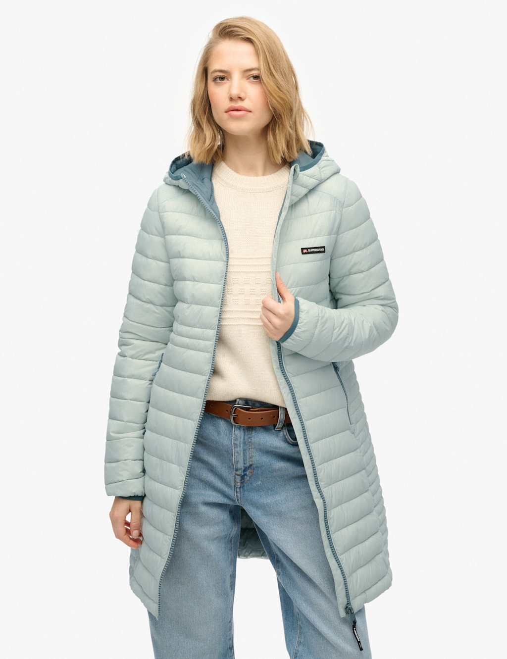 Superdry & Co Hooded Padded Longline Puffer Jacket Light Grey