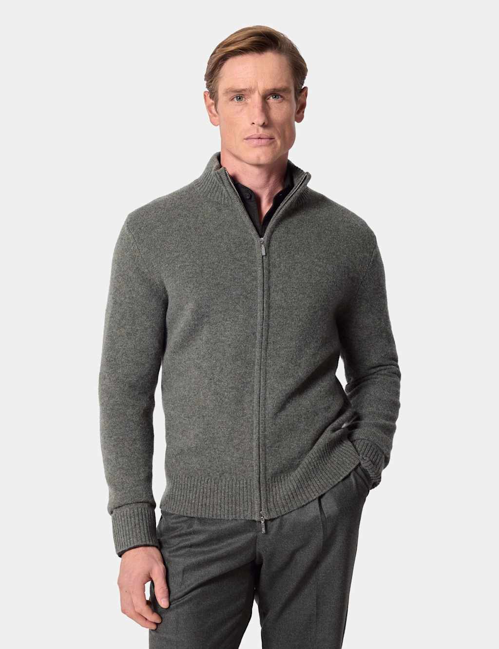 Hawes & Curtis Pure Lambswool Funnel Neck Zip Up Jumper Green