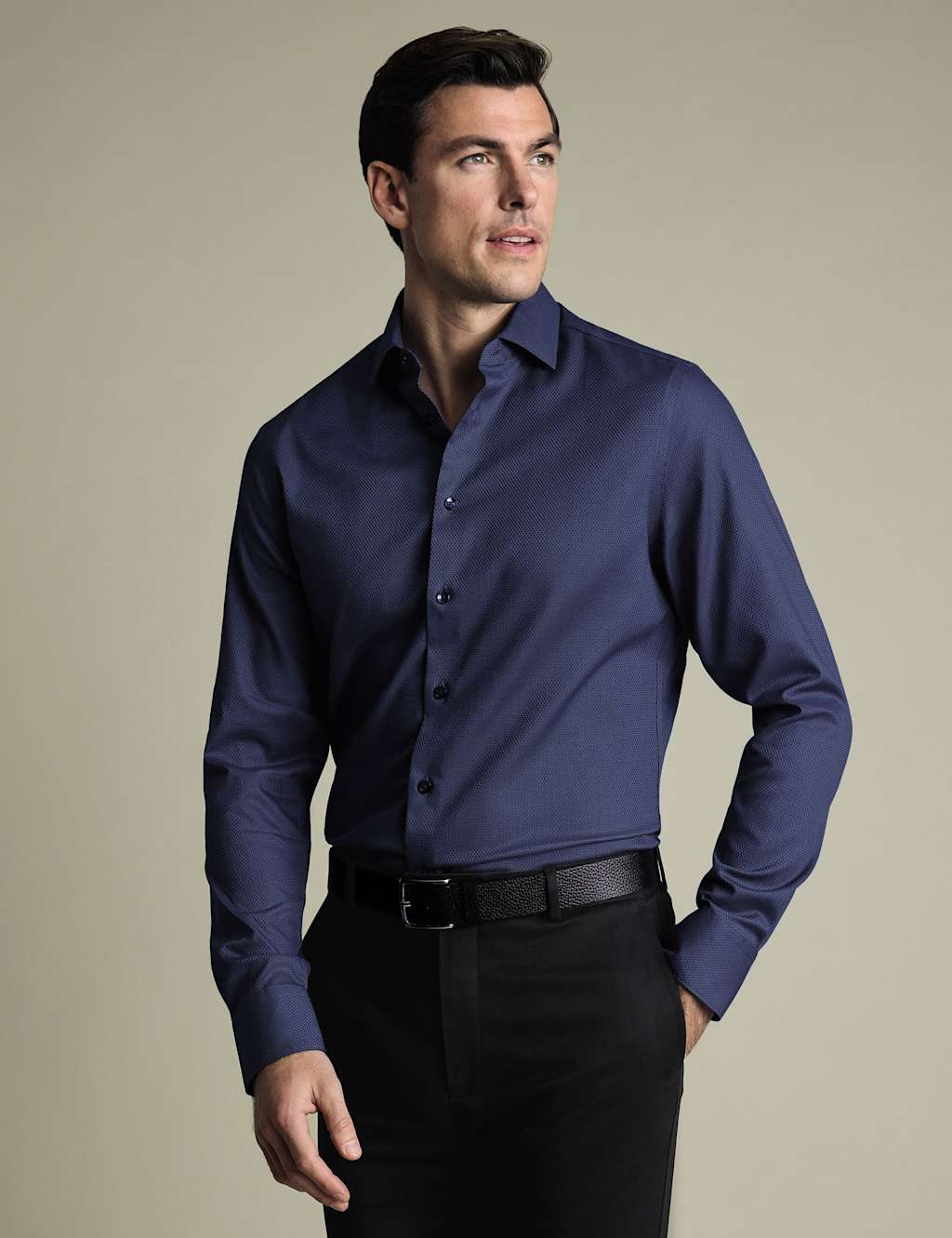 Charles Tyrwhitt Men's Slim Fit Non Iron Pure Cotton Textured Shirt - 16½/34in - Blue Denim - Available at M&S