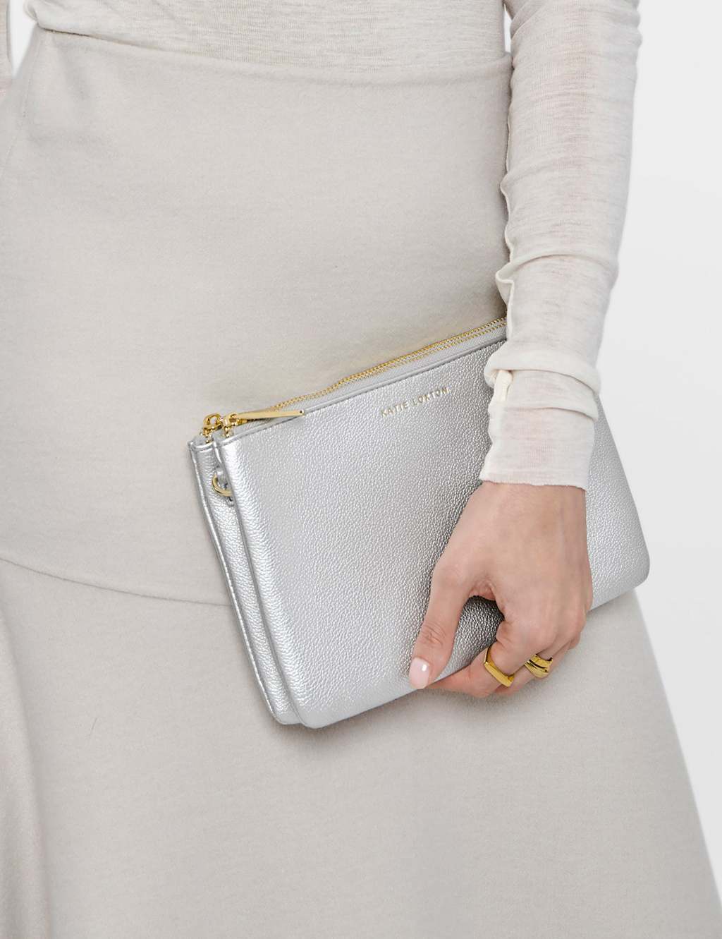 Katie Loxton Faux Leather Metallic Duo Pouch Purse Silver