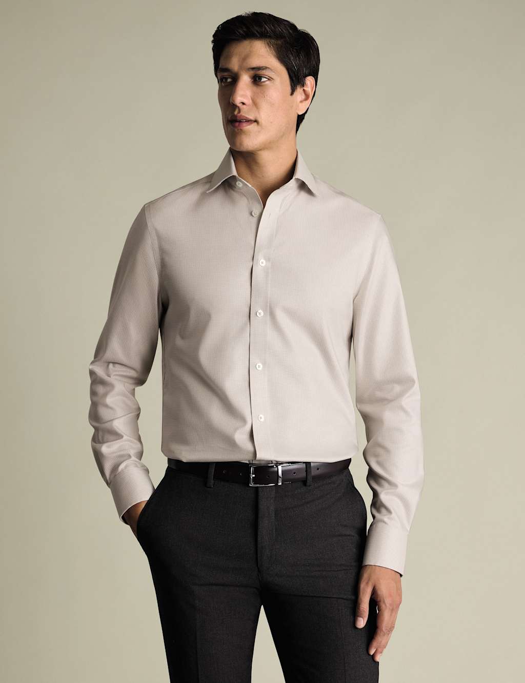 Charles Tyrwhitt Men's Slim Fit Non Iron Pure Cotton Textured Shirt - 15½/33in - Stone - Available at M&S