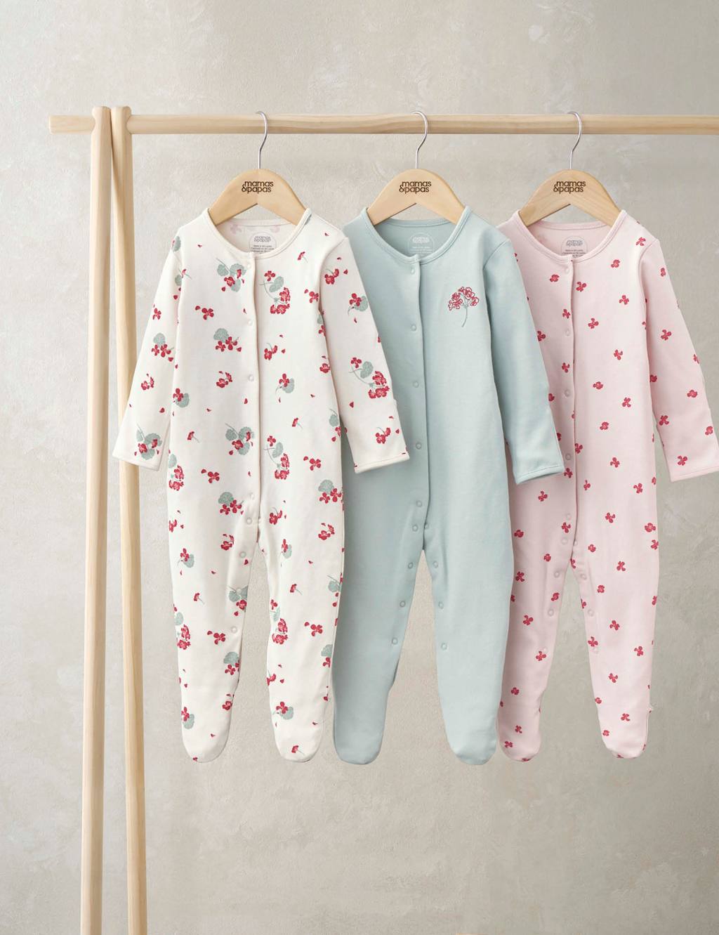 Mamas & Papas 3pk Pure Cotton Floral Sleepsuits (0-24 Mths) Multi