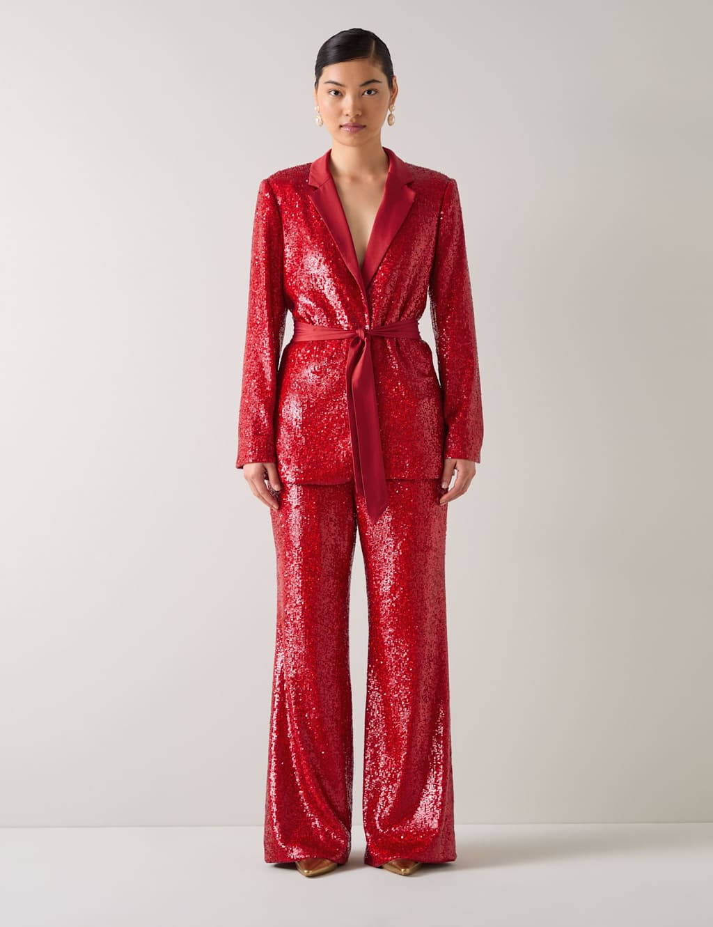 LK BENNETT Sequin Embellished Belted Collared Jacket Red Mix