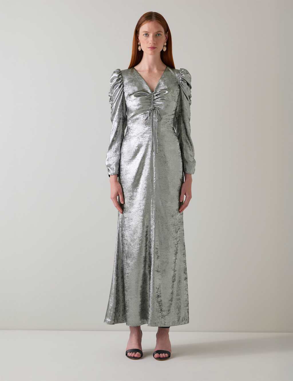 LK BENNETT Metallic V-Neck Ruched Midi Column Dress Grey Mix