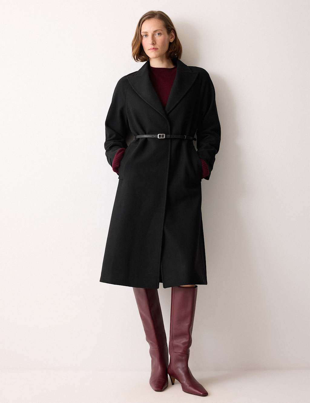 Jigsaw Wool Rich Twill Belted Wrap Coat Black