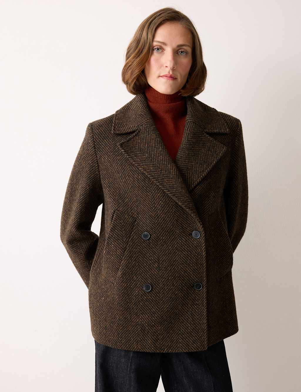 Jigsaw Wool Rich Herringbone Tailored Peacoat Brown