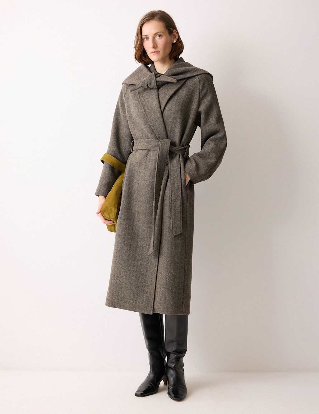Jigsaw Wool Blend Herringbone Hooded Wrap Coat Brown