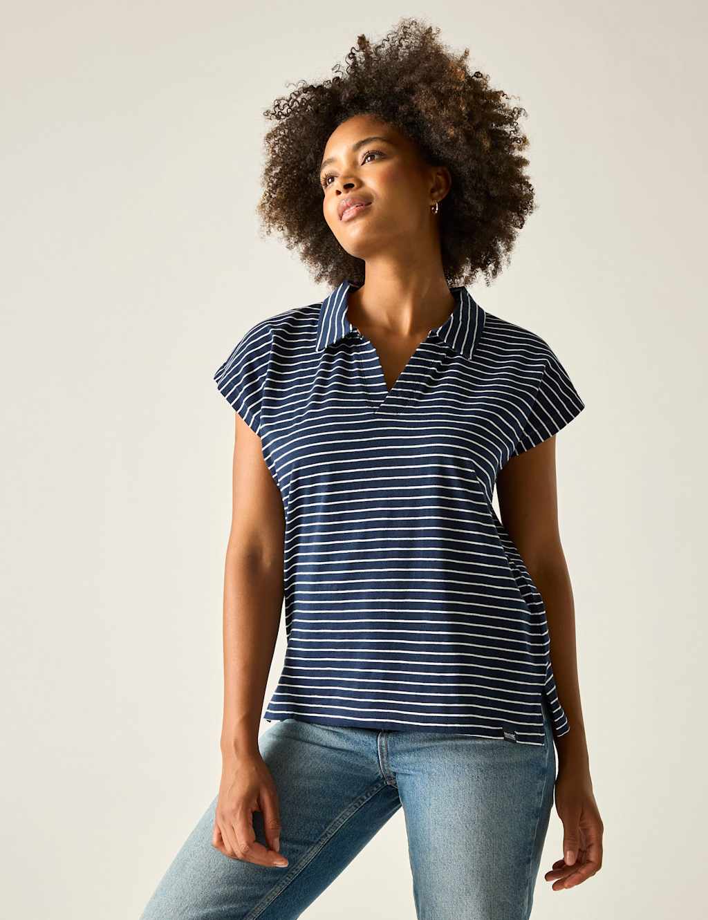 Regatta Women's Lorana Pure Cotton Striped Collared Top - 14 - Navy Mix - Available at M&S