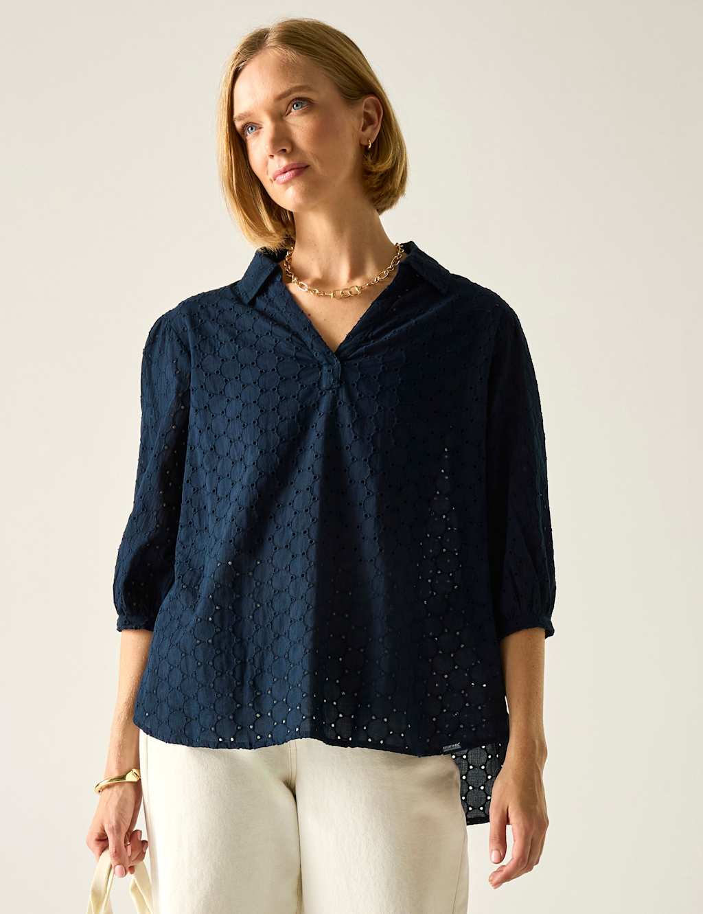 Regatta Women's Nofino Cotton Rich Broderie Floral Blouse - 16 - Navy - Available at M&S