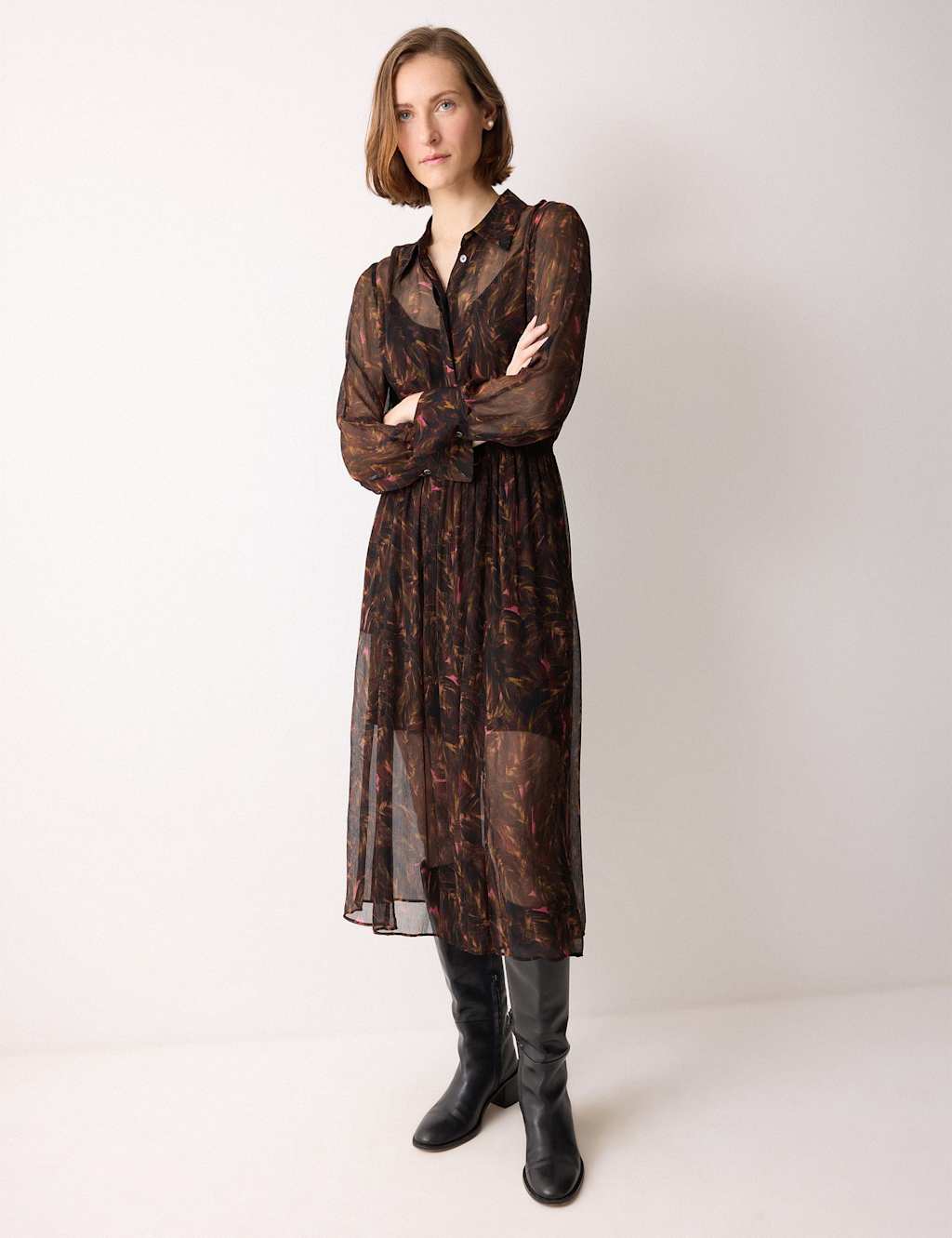 Jigsaw Floral Collared Midi Shirt Dress Brown Mix