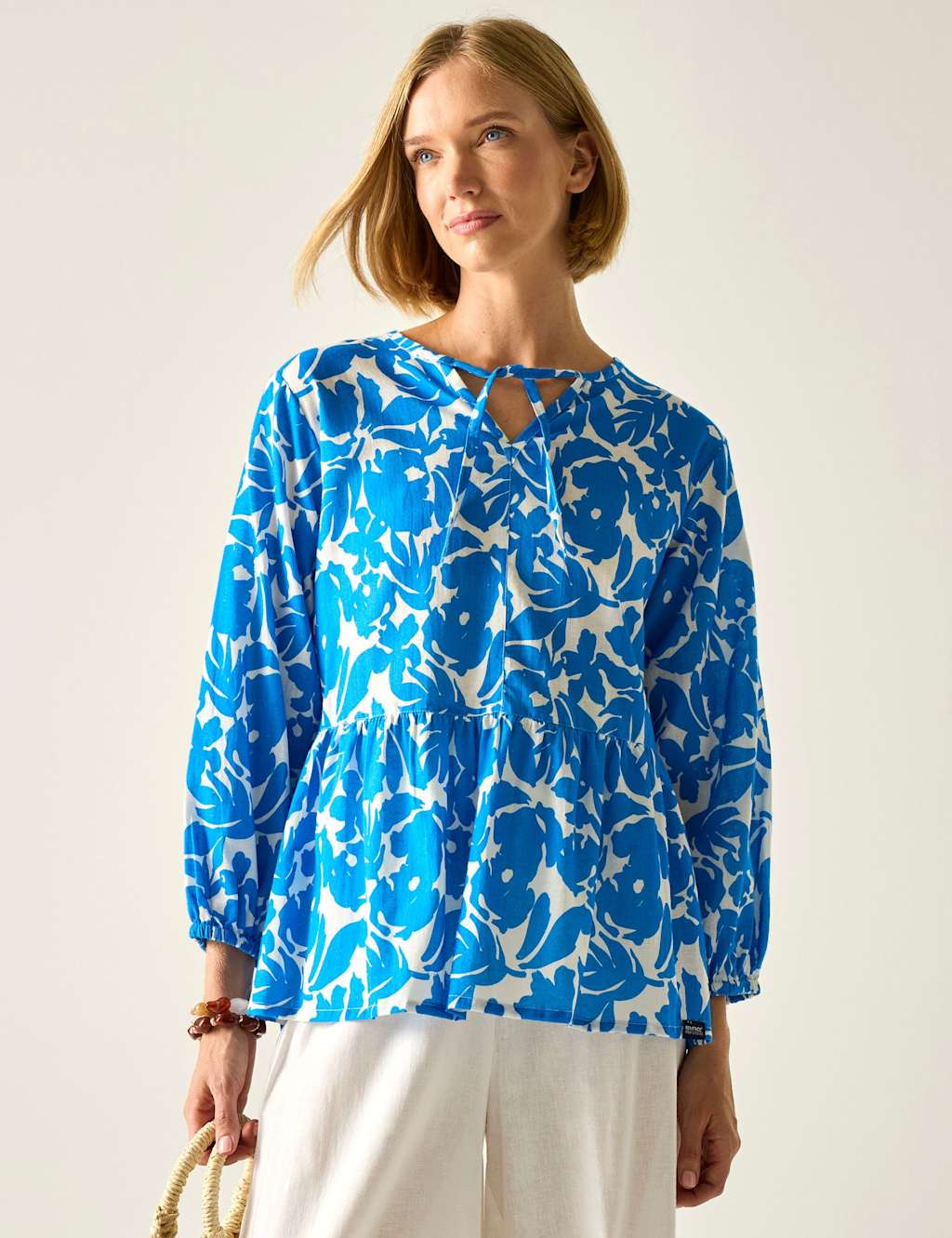 Regatta Women's Primden Cotton Rich Tie Neck Blouse With Linen - 14 - Blue - Available at M&S