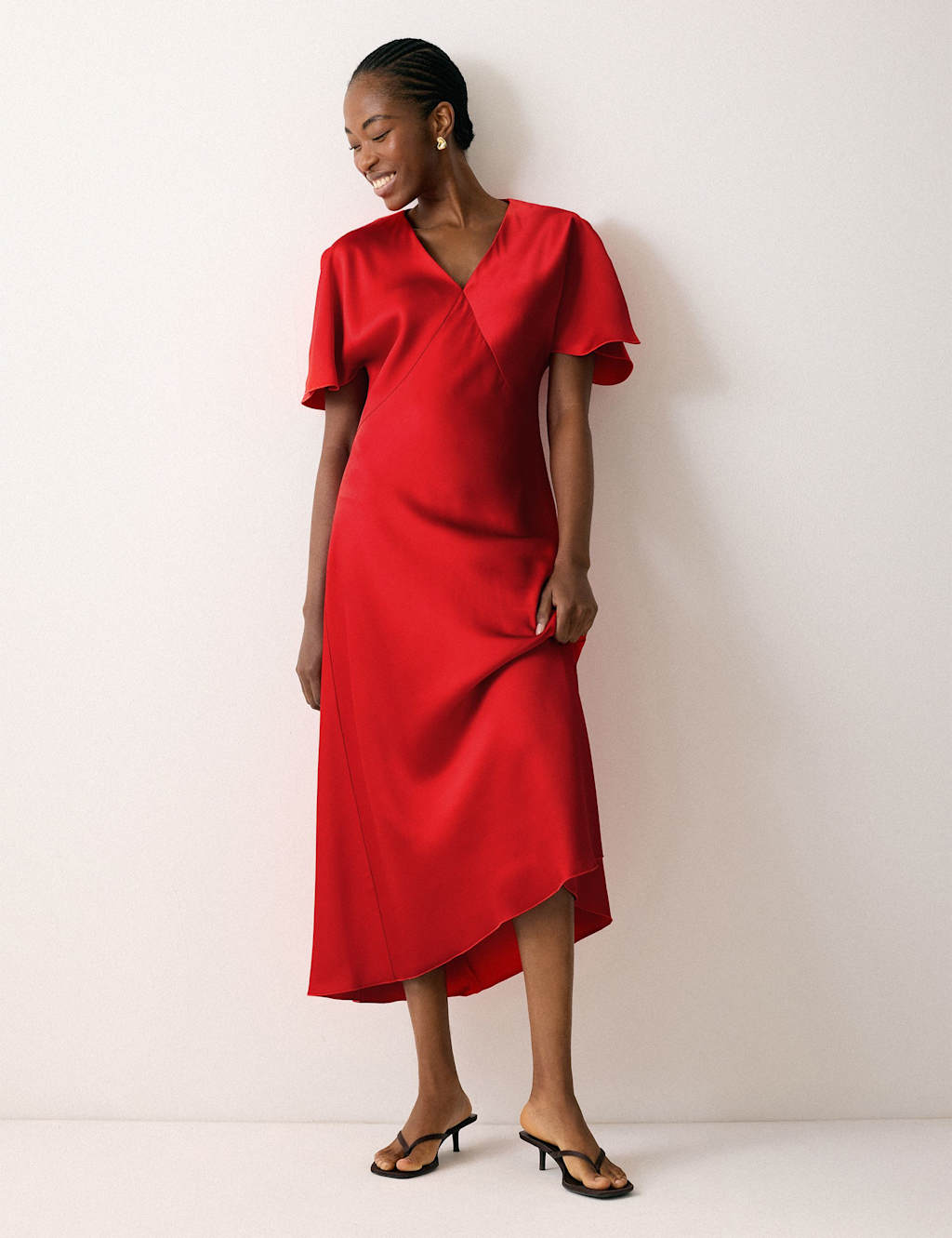 Jigsaw Satin Empire Line Midi Dress Red