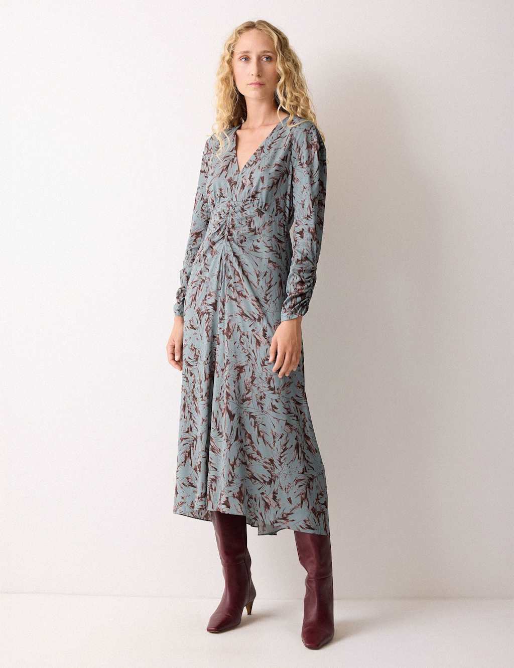 Jigsaw Printed V-Neck Midi Waisted Dress Blue Mix