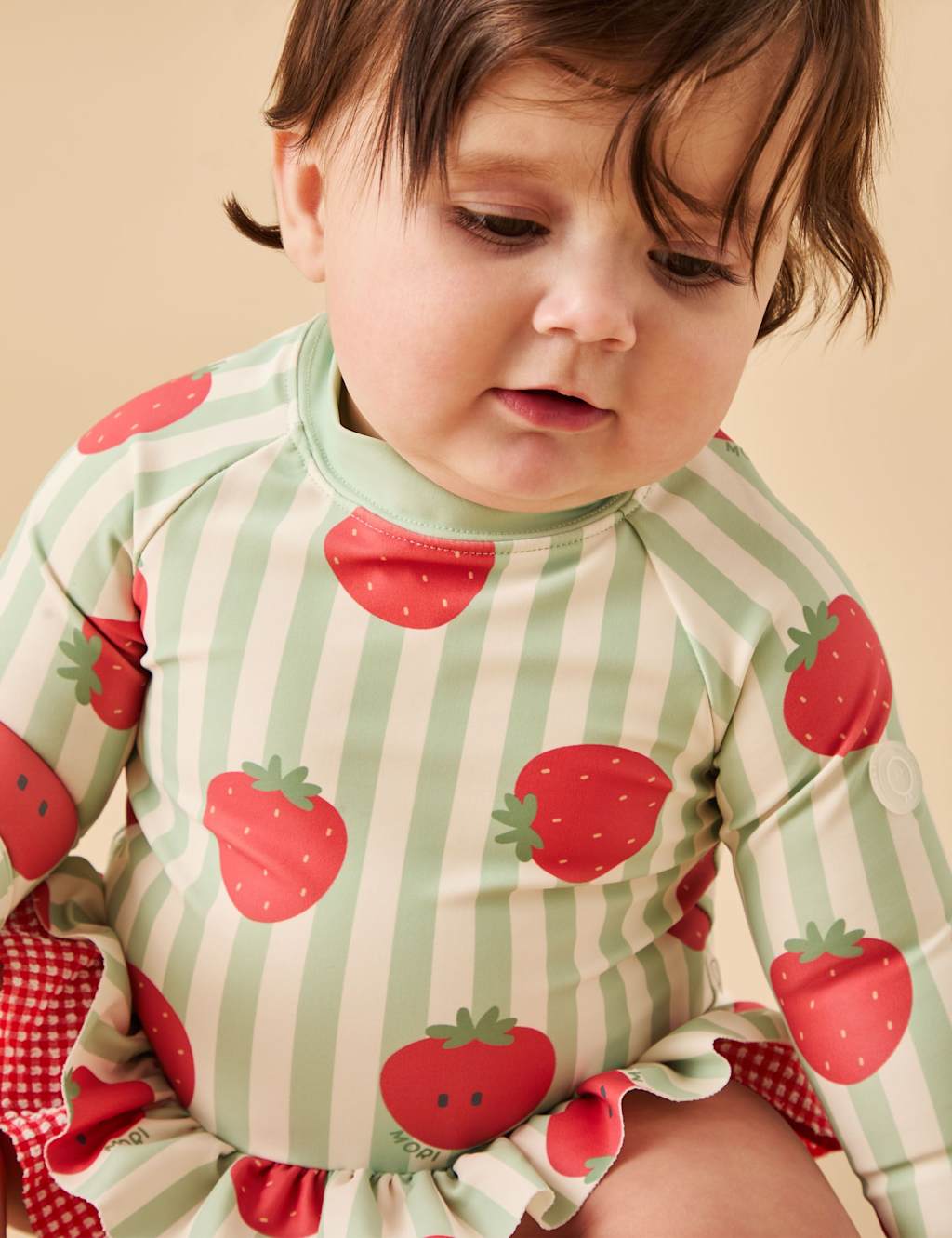 Mori Girls Striped Strawberry Frill Long Sleeve Swimsuit (3 Mths-5 Yrs) - 3-4 Years - Green - Available at M&S