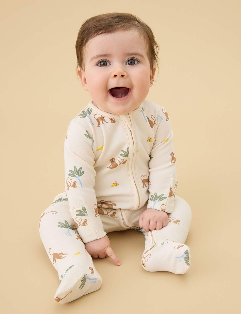 Image of MORI Cotton Blend Monkey Zip Sleepsuit (7lbs-3 Yrs) White Mix