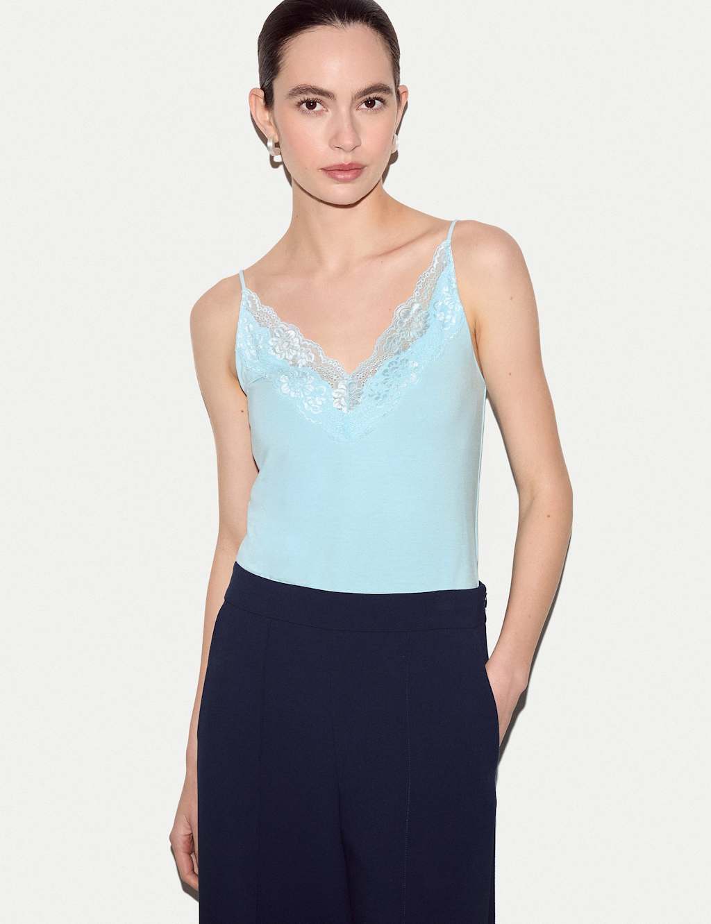 Jigsaw Women's Modal Rich V-Neck Lace Trim Cami Top - Extra Large - Light Blue - Available at M&S