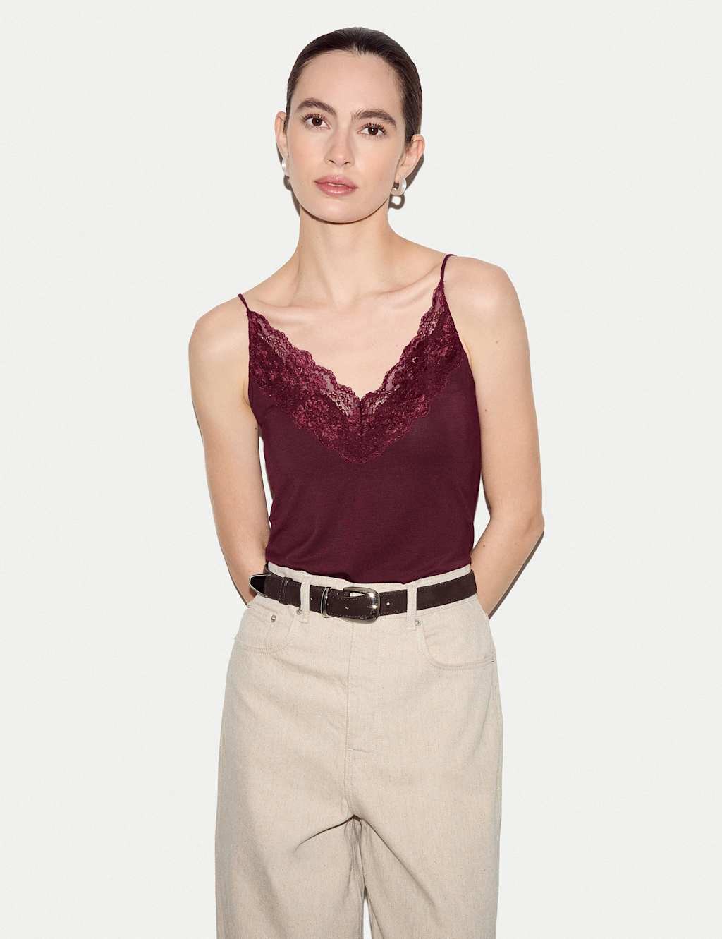 Jigsaw Women's Modal Rich V-Neck Lace Trim Cami Top - Small - Burgundy - Available at M&S