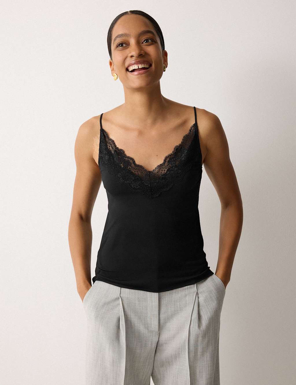 Jigsaw Women's Modal Rich V-Neck Lace Trim Cami Top - Extra Small - Black - Available at M&S
