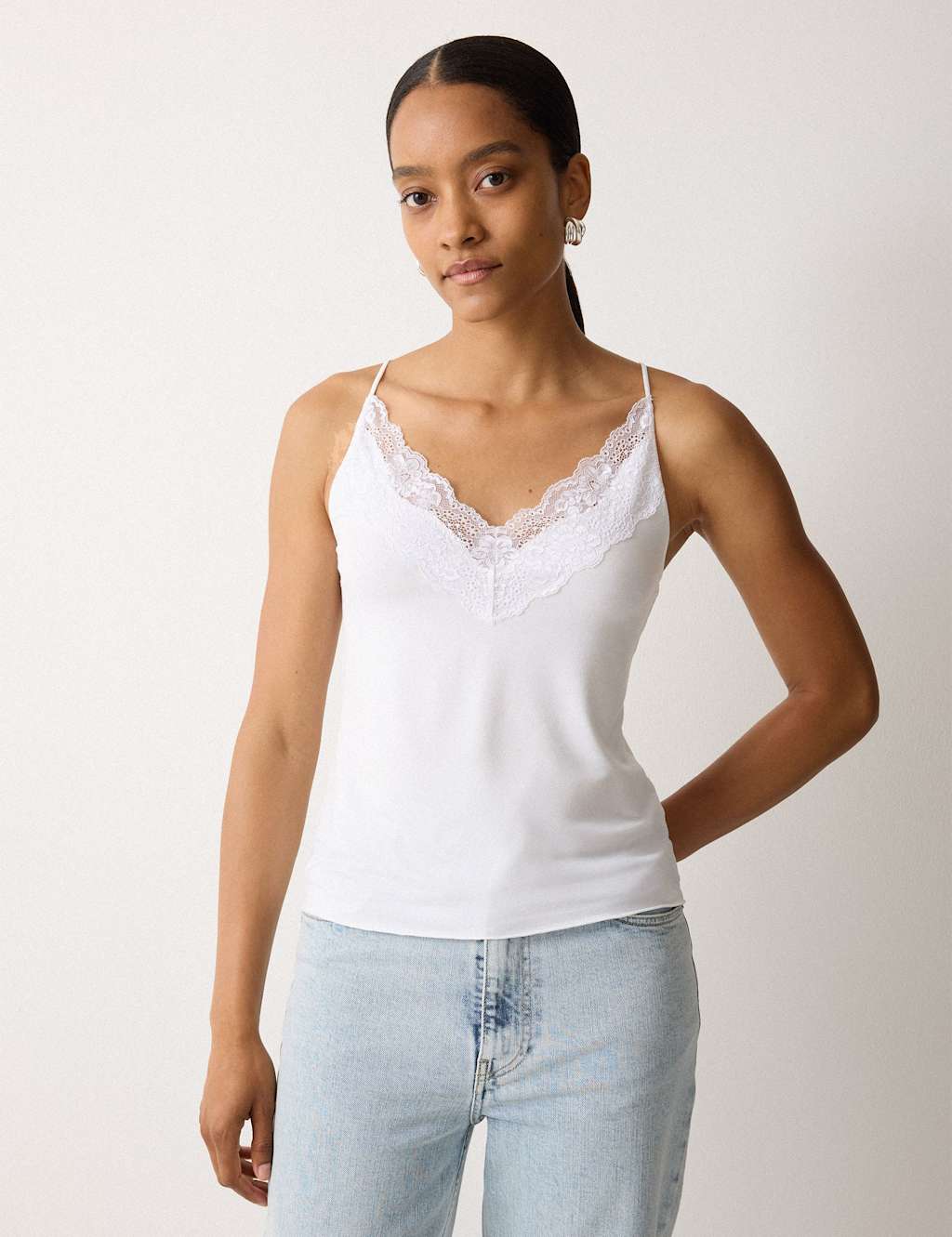 Jigsaw Women's Modal Rich V-Neck Lace Trim Cami Top - Large - White - Available at M&S