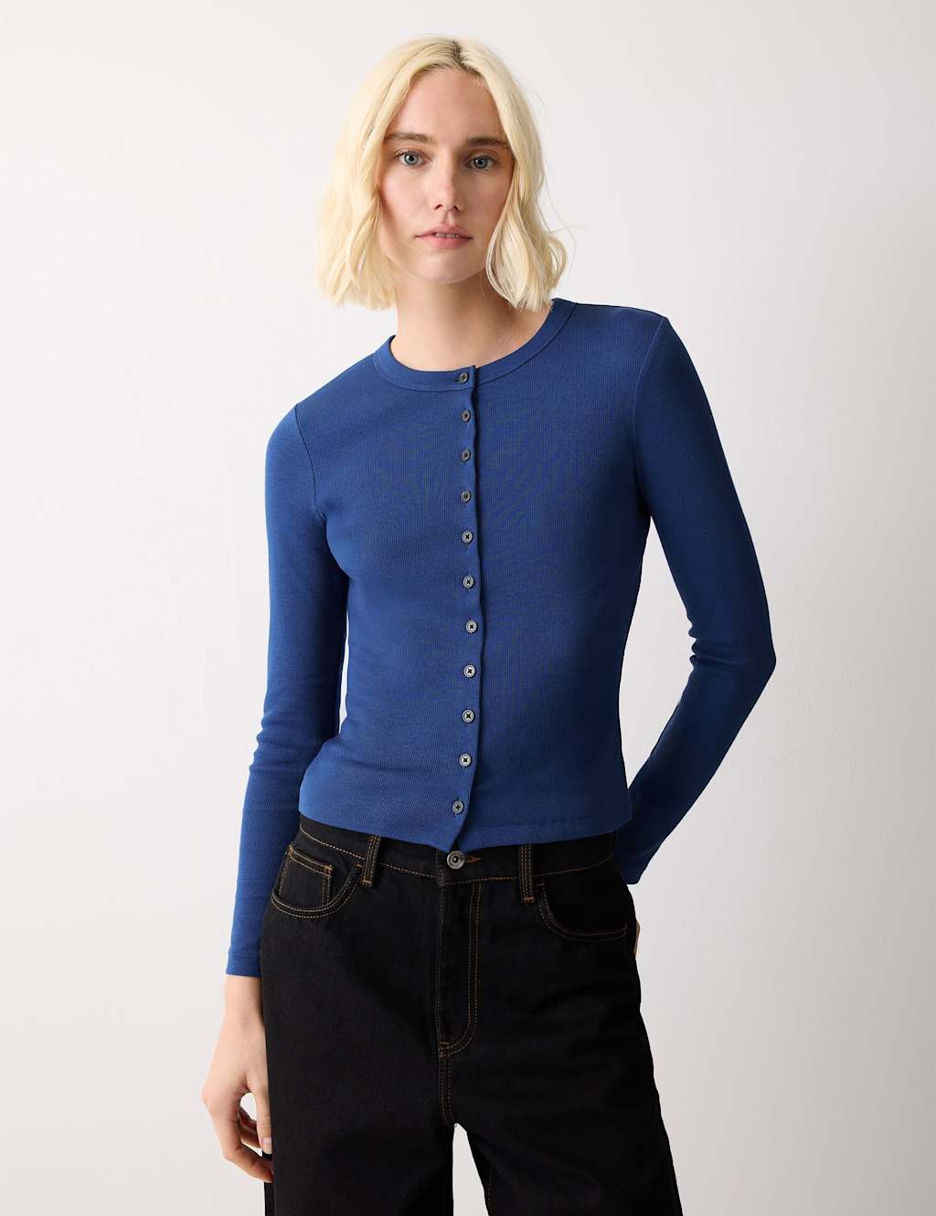 Jigsaw Women's Cotton Rich Textured Button Through Top - Small - Blue - Available at M&S