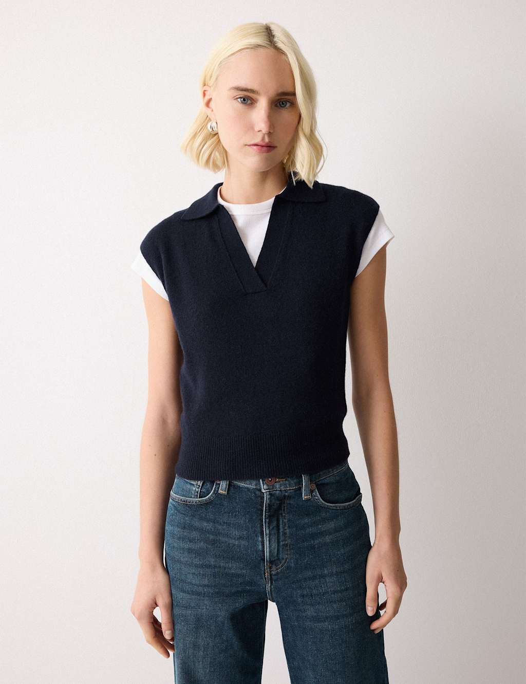 Jigsaw Women's Wool Rich Collared V-Neck Vest - Medium - Navy - Available at M&S