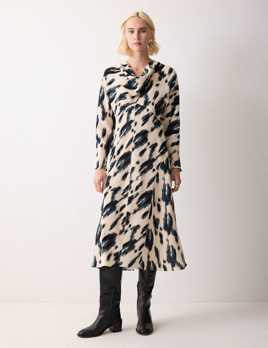 Jigsaw Women's Printed Cowl Neck Midi Waisted Dress - 8 - Cream Mix - Available at M&S