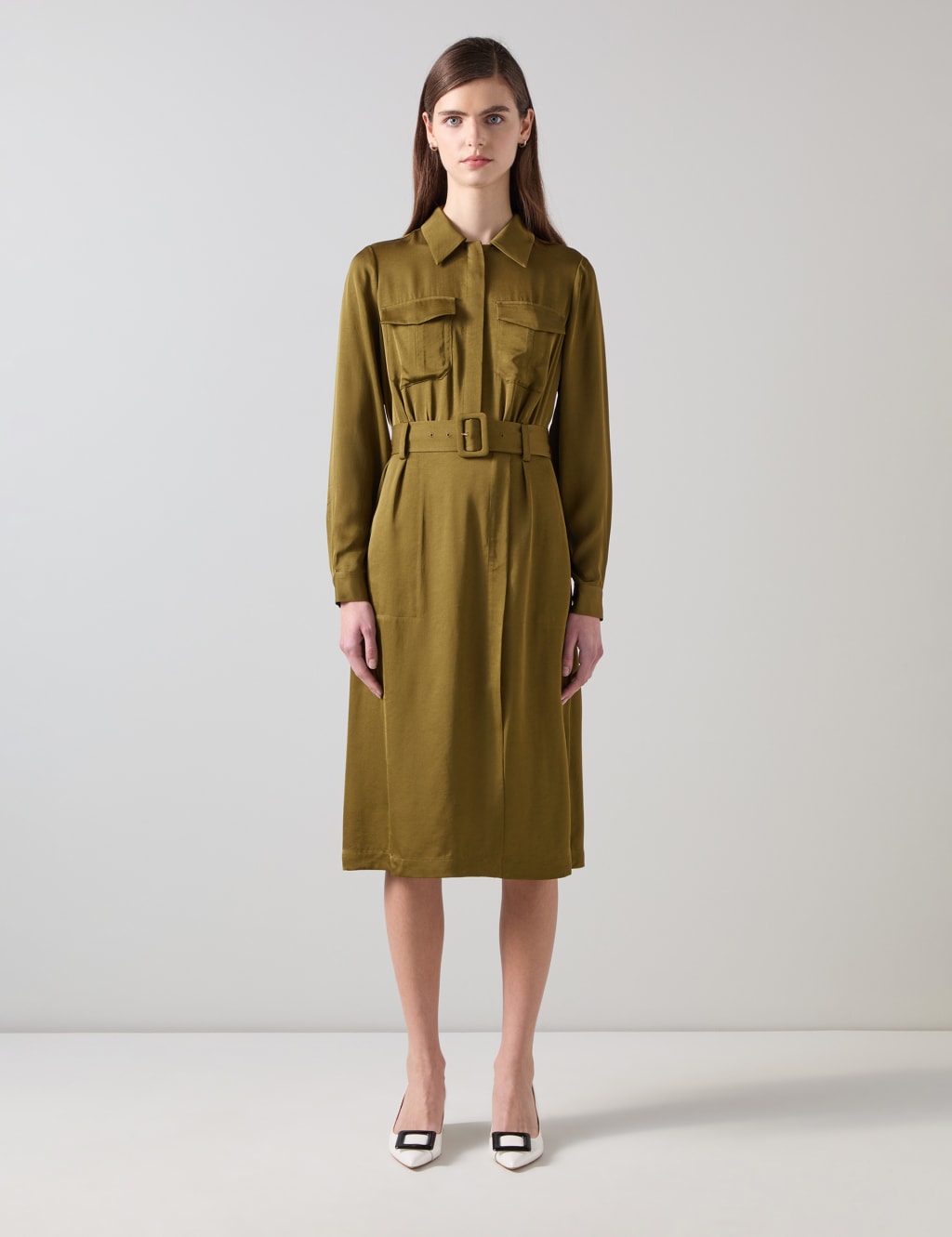 Crepe Belted Knee Length Utility Shirt Dress