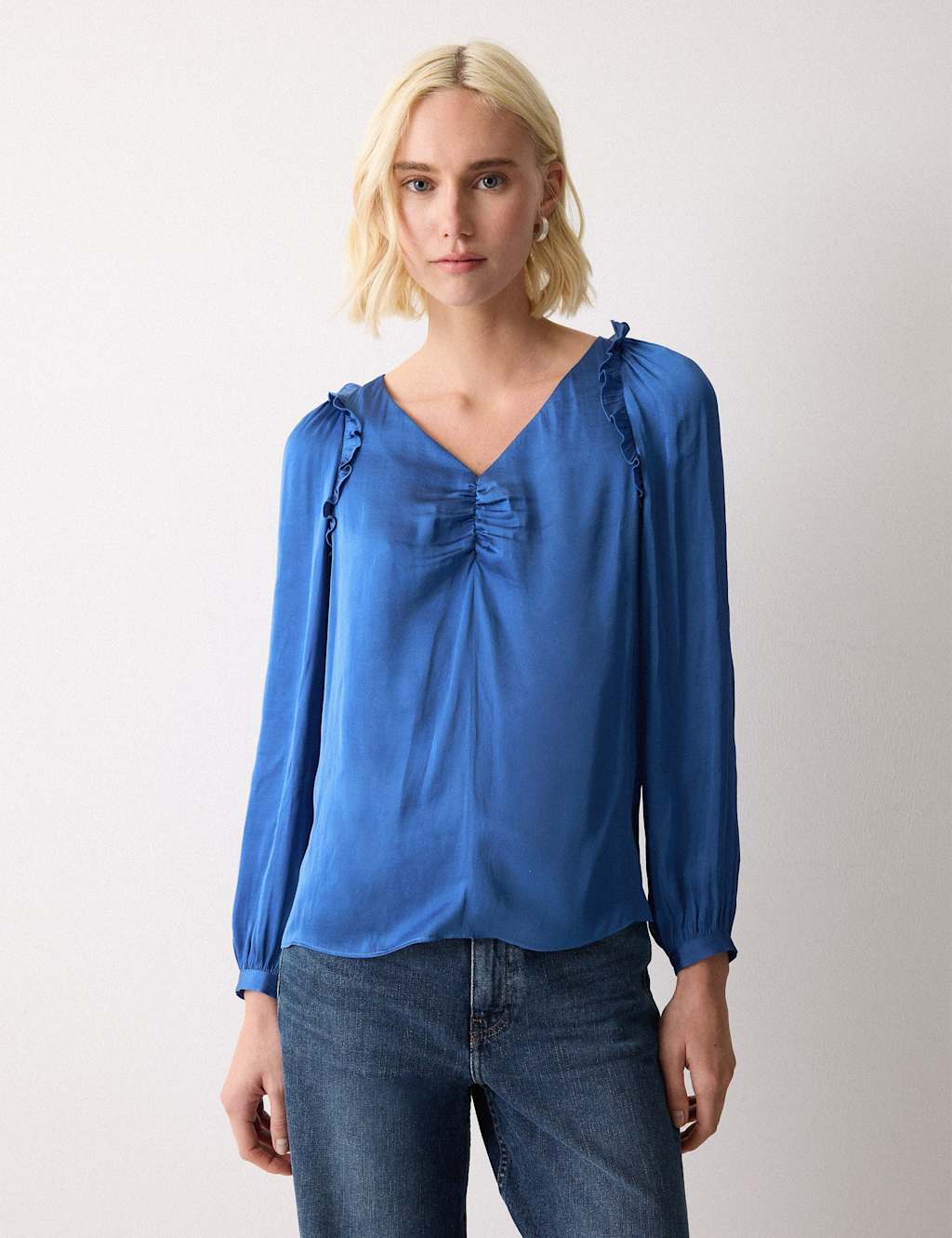 Jigsaw Women's Satin V-Neck Relaxed Blouse - 14 - Blue - Available at M&S