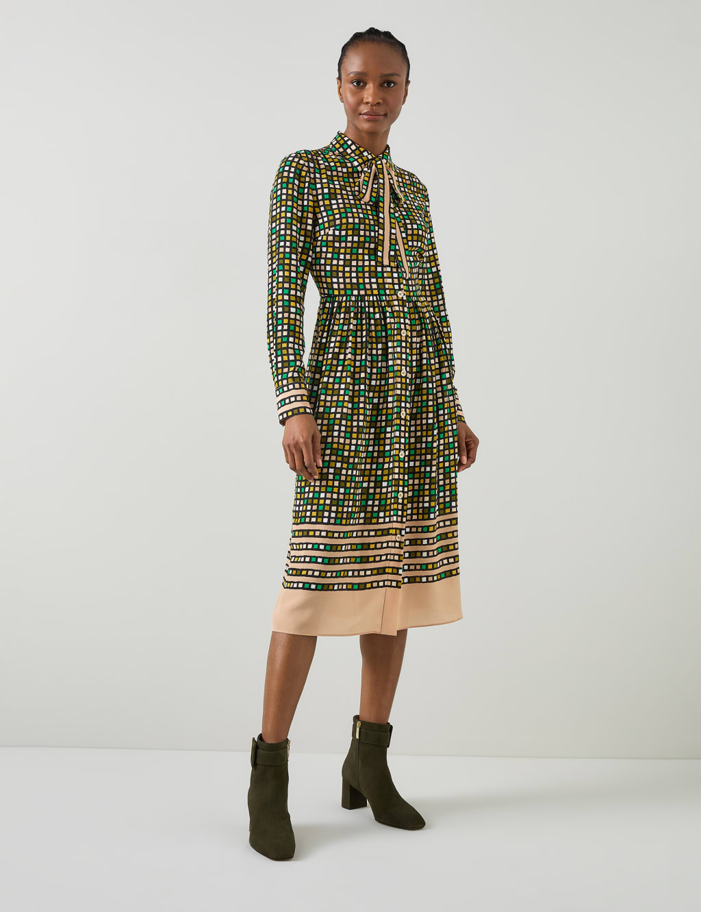 Pure Silk Geometric Tie Neck Shirt Dress