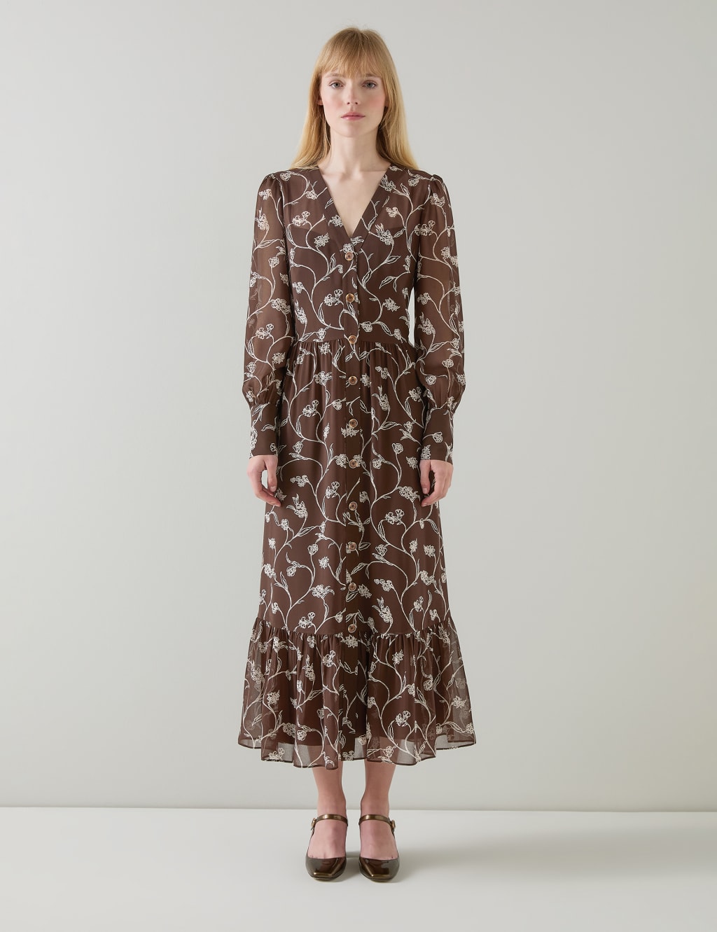 Floral V-Neck Button Front Midi Dress