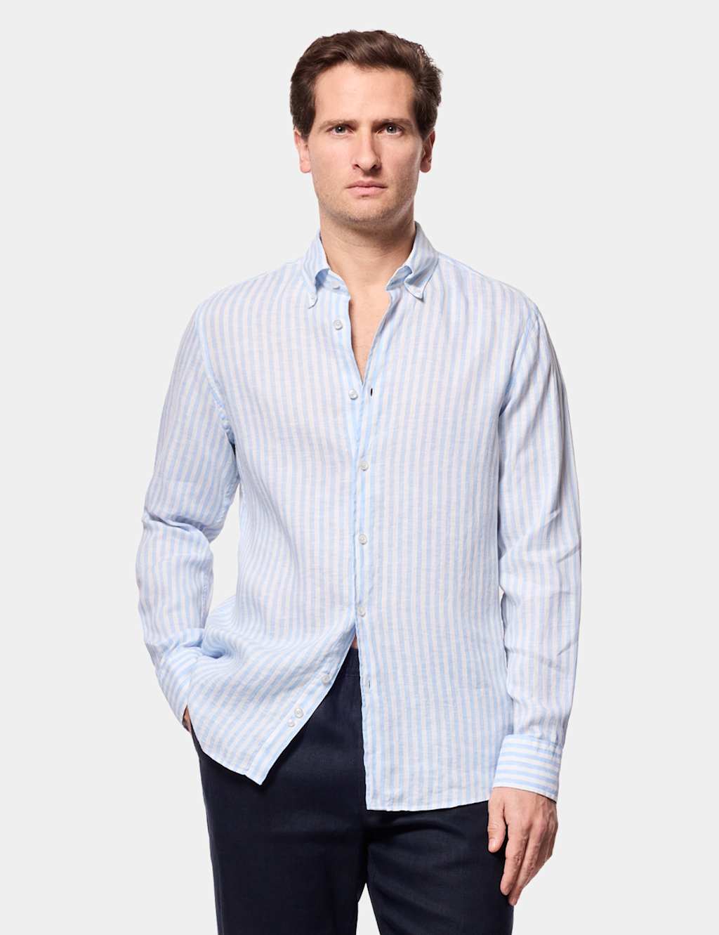 Hawes & Curtis Men's Regular Fit Pure Linen Striped Shirt - L - Blue Mix - Available at M&S