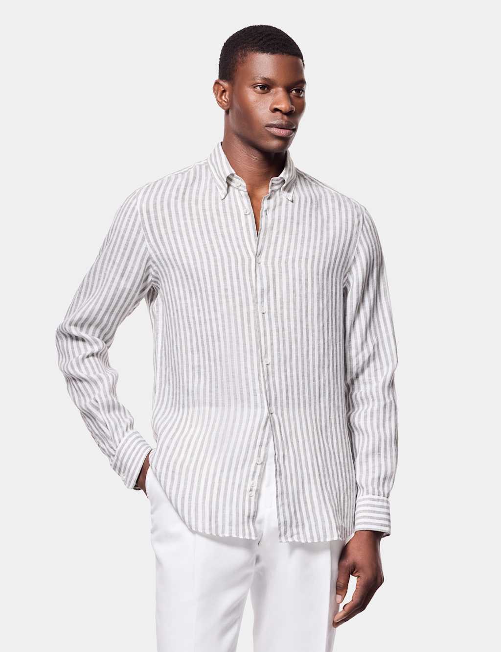 Hawes & Curtis Men's Regular Fit Pure Linen Striped Shirt - L - Khaki Mix - Available at M&S