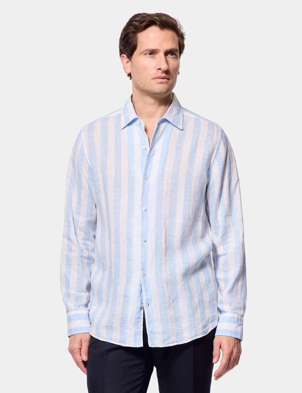 Hawes & Curtis Men's Regular Fit Pure Linen Large Stripe Shirt - XL - Blue Mix - Available at M&S