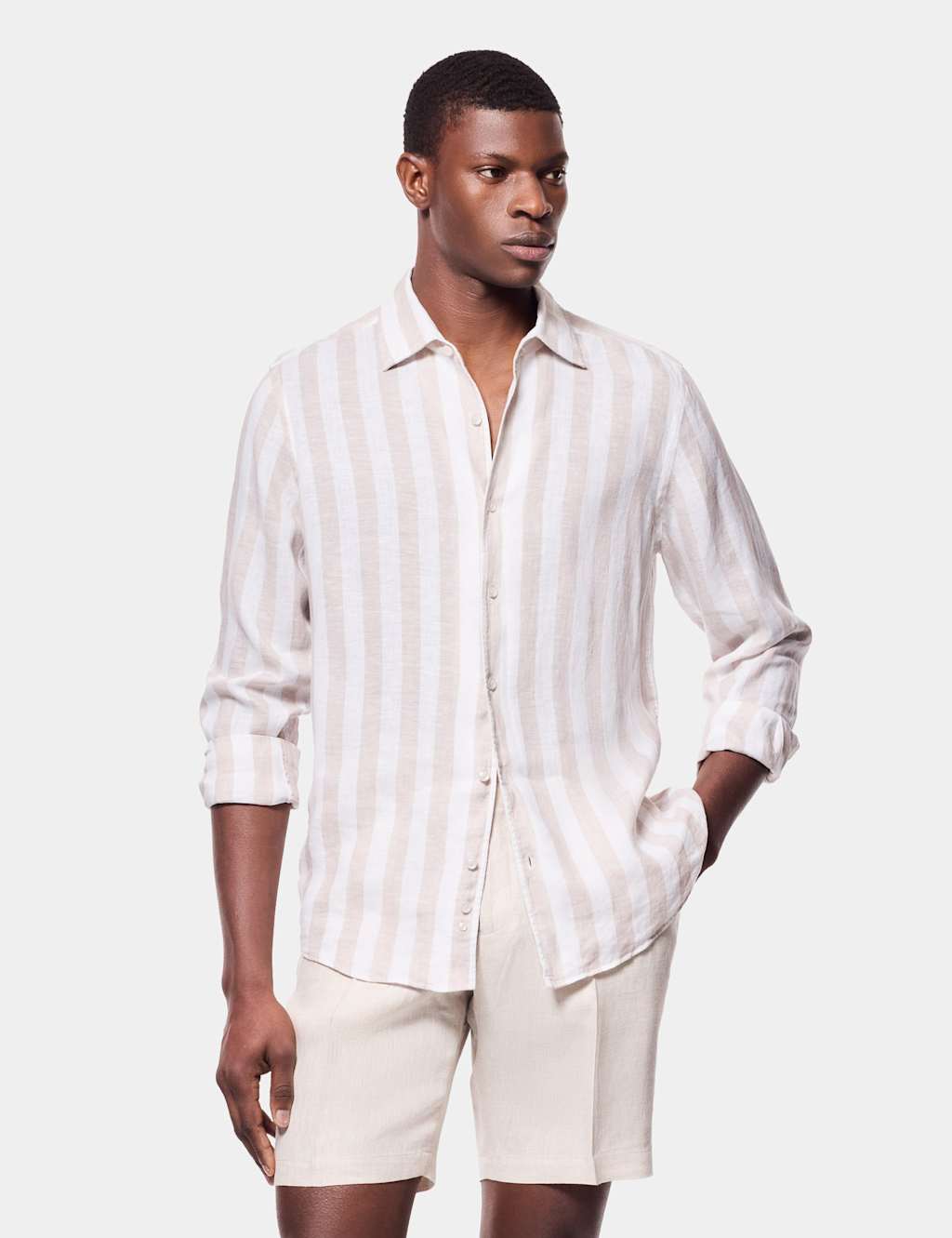 Hawes & Curtis Men's Regular Fit Pure Linen Large Stripe Shirt - L - Natural Mix - Available at M&S