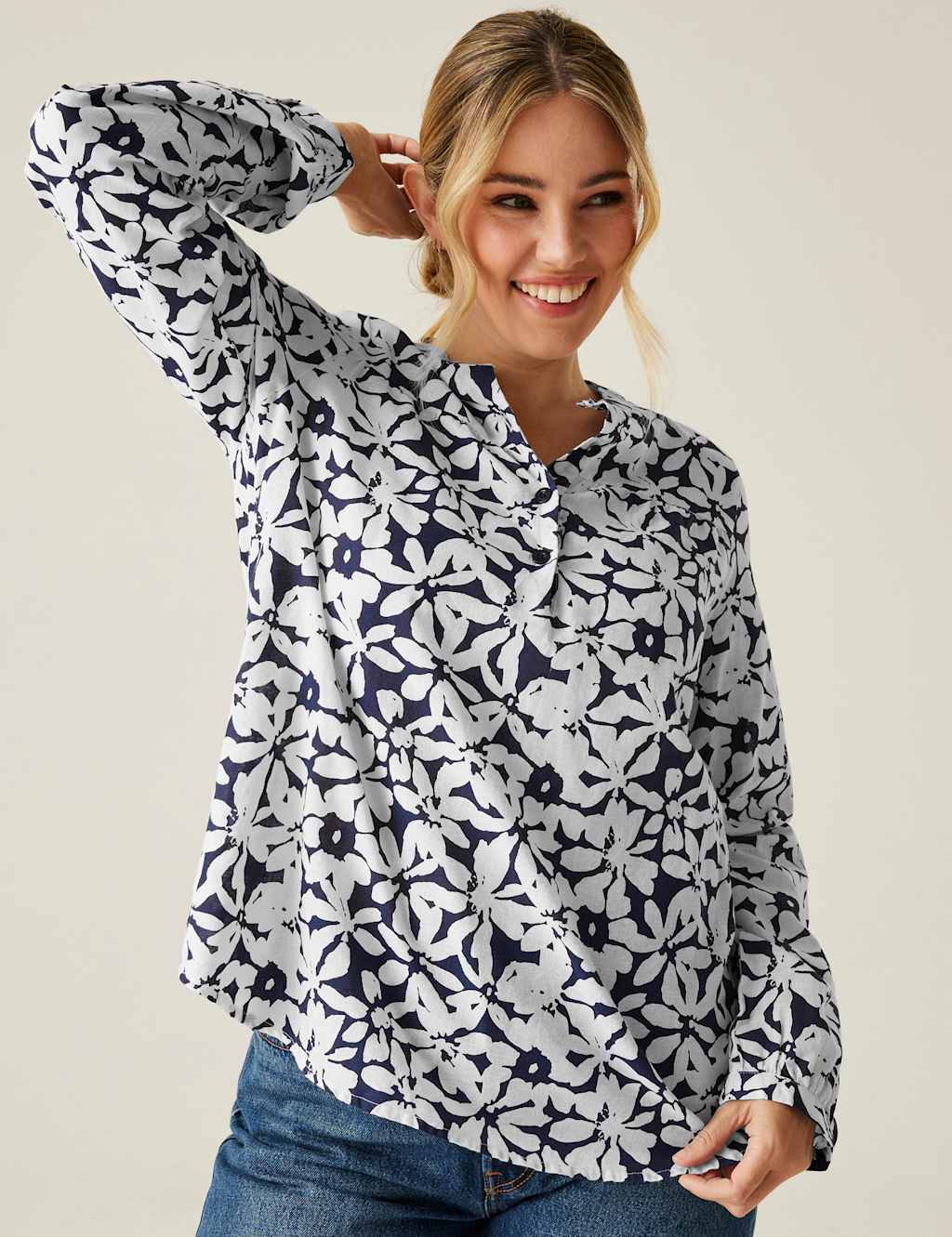 Natine Cotton Rich Blouse with Linen
