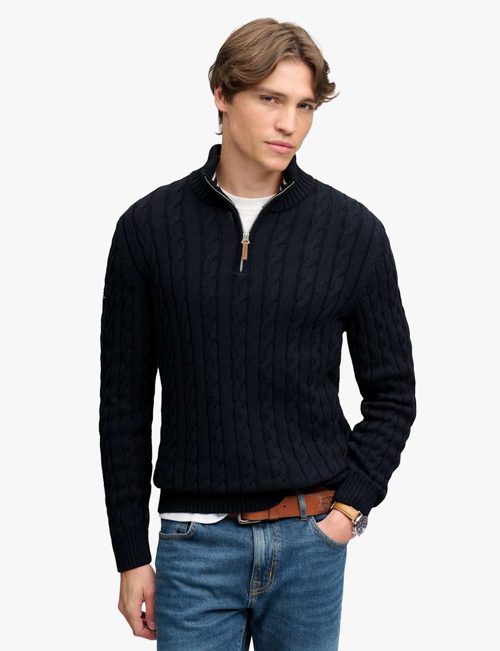 Superdry & Co Men's Pure Cotton Cable Half Zip Jumper - 2XL - Navy - Available at M&S
