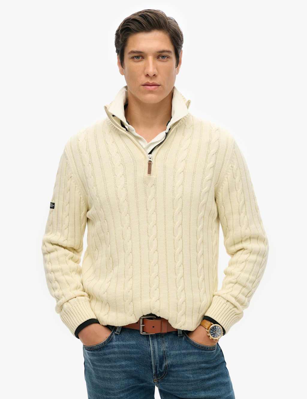 Superdry & Co Men's Pure Cotton Cable Half Zip Jumper - 2XL - Cream - Available at M&S
