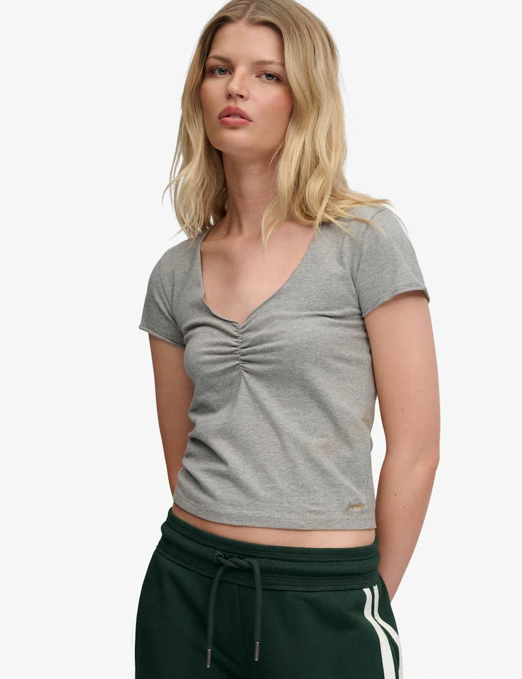 Superdry & Co Women's Cotton Rich V-Neck Slim Fit Top - 8 - Grey - Available at M&S